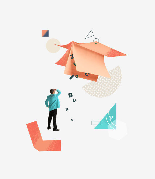 当代艺术拼贴。一名男子站在一本巨大的书前，书中倒下的字母象征着新的知识图片下载