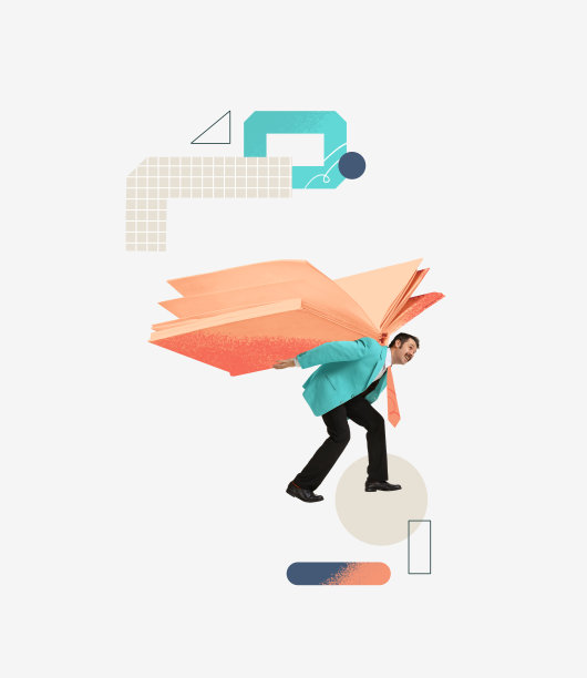 当代艺术拼贴。一个人背着象征着努力工作的又大又重的书，在困难时期会有所帮助图片下载