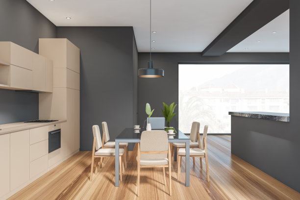 现代餐厅内部，全景窗户，大玻璃桌子与6个椅子。时尚的厨房。实木地板。开放空间区域。3 d渲染。图片下载