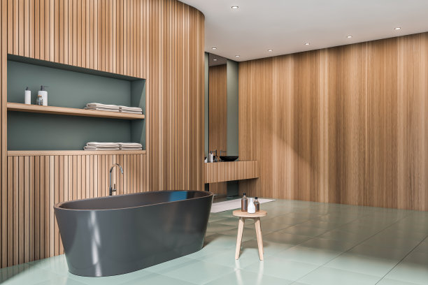 黑暗的浴室内部与浴缸，两个镜子和水槽图片下载