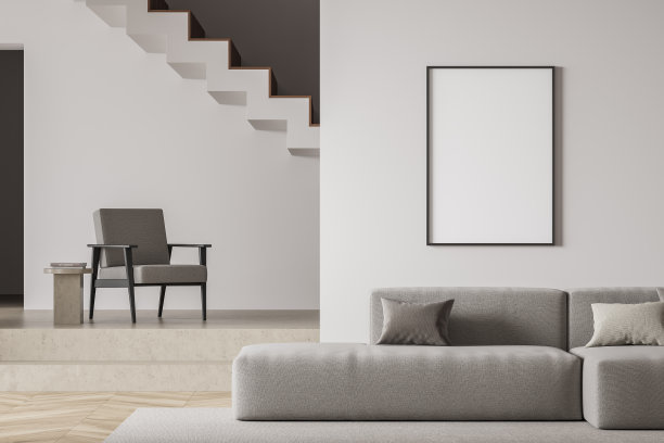 米色客厅内部与空白色框架模型海报墙上，沙发，楼梯，扶手椅硬木地板。极简设计理念。有创意的想法。”模拟。三维渲染图片下载