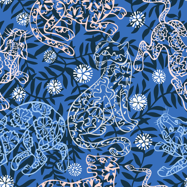 热带无缝模式。丛林食肉动物，有奇异的花和叶子的纹理。猎豹、豹子、黑豹、野猫的剪影。丛林动物的背景。高质量的插图。图片下载