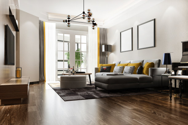 3d渲染阁楼豪华客厅与书架和钢琴图片下载