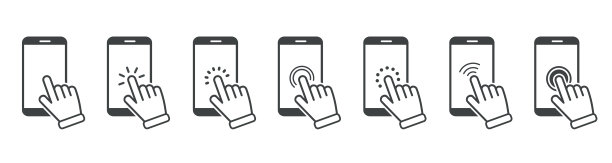 用手和箭头图标点击按钮。网站的线性图标集。平面矢量插图孤立在白色背景上图片下载