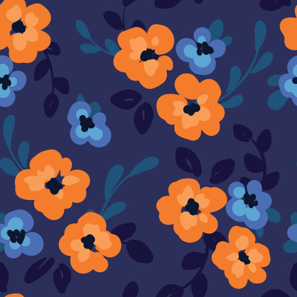 简单的花卉印花，无缝图案与花在蓝色背景。图片下载