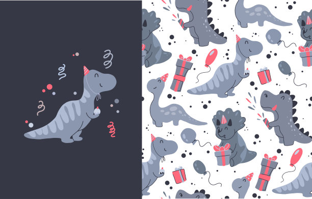 一套卡片和无缝图案与快乐的小恐龙生日礼物和蛋糕。节日聚会。向量子海报和纹理图片下载