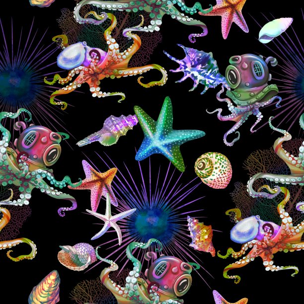 无缝水彩画的海洋生物。章鱼、海星和贝壳是黑色背景下彩虹的明亮颜色。电子纸图片下载