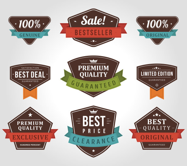 独家和原创的矢量标签产品。红色的贴纸，褪色的旧纸，蓝色的丝带装饰。图片下载