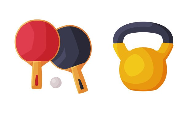 健身运动器材套装。乒乓球拍和壶铃矢量插图图片下载