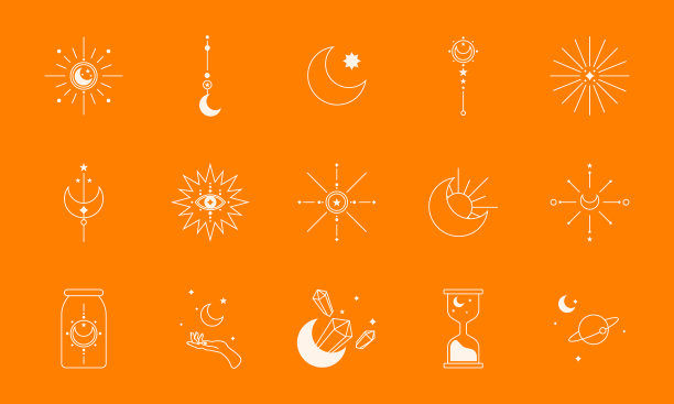 一套女巫和魔法收藏品。波西米亚符号的塔罗牌设计风格。神秘和幻想在单线矢量插图图片下载