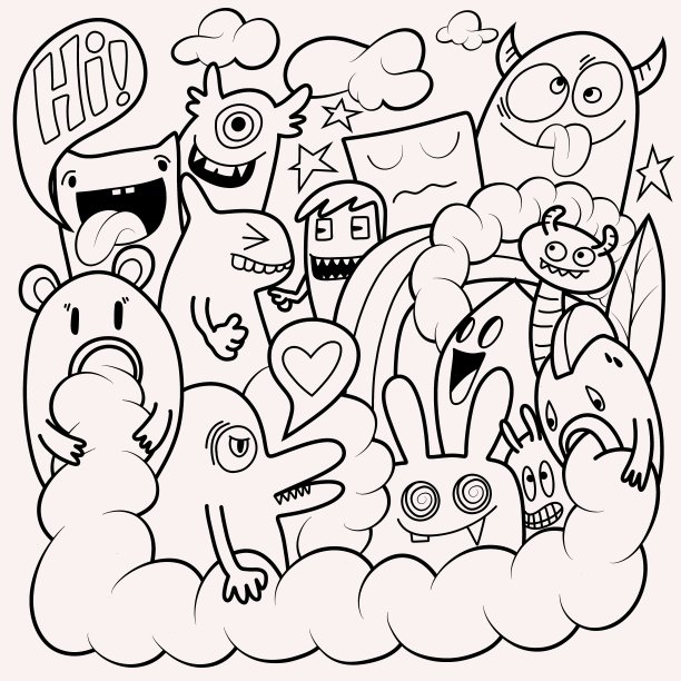 手绘插图，怪物涂鸦，手绘卡通怪物插图，卡通人群涂鸦手绘涂鸦风格。黑白条纹涂色书图片下载