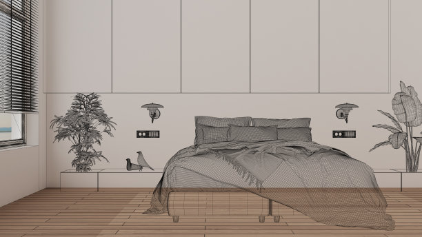 空白色的室内，白色的墙壁和人字拼花木地板，定制的建筑设计方案，黑色墨水草图，展示现代卧室的蓝图，建筑理念图片下载