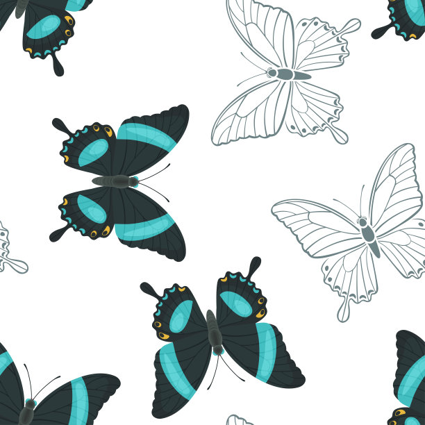 美丽的蝴蝶的背景。矢量卡通平面插图和轮廓剪影。热带昆虫Papilio palinurus的无缝图案。图片下载