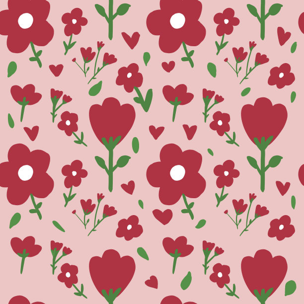 手绘红色的花朵在粉红色的背景上，无缝图案墙纸，衣服，地毯，窗帘，和家庭装饰。图片下载
