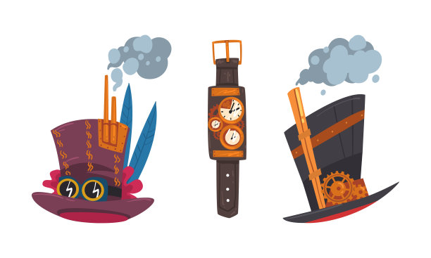 蒸汽朋克大礼帽和机械腕表卡通矢量插图图片下载