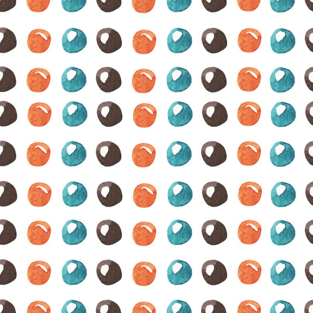 水彩无缝图案与彩色圆圈。圆点花纹壁纸。橙色，蓝色和棕色的斑点。图片下载
