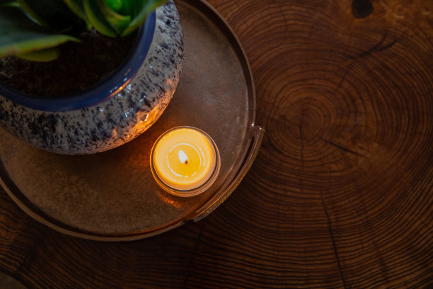 在天然的木质咖啡桌上放上一株带有蜡烛的室内植物图片下载