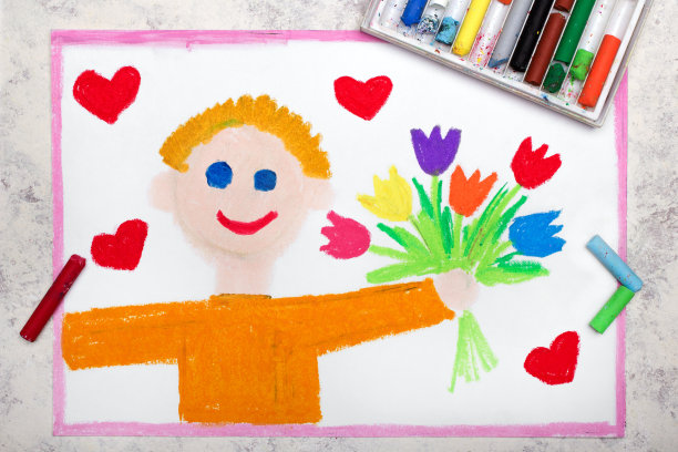 彩色图画:一个微笑的男人手里拿着一束花。漂亮的礼物图片下载