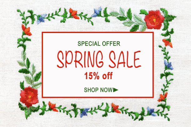 春天的花架和花瓣的形式，绣在白色的亚麻布纹理织物上。图文相框-特价，春季大甩卖15折，现购。图片下载