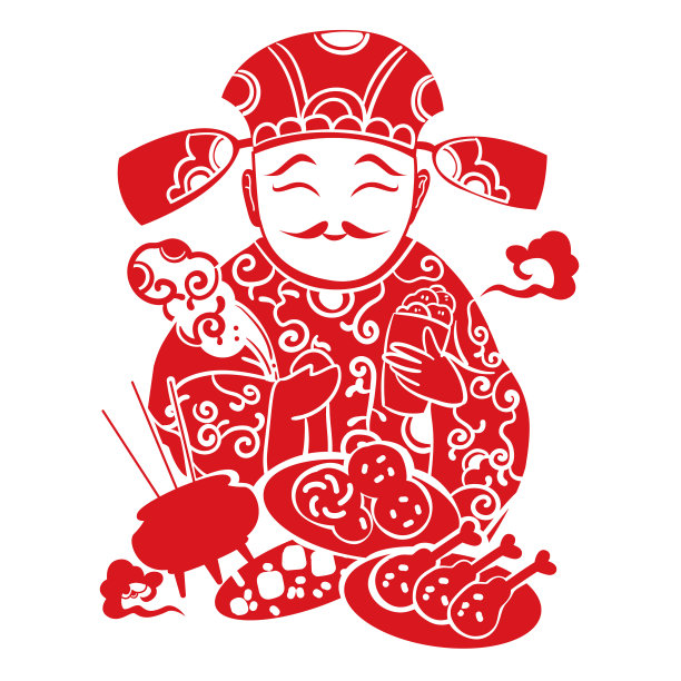 小年年画剪纸风格灶王爷灶神美食图片下载