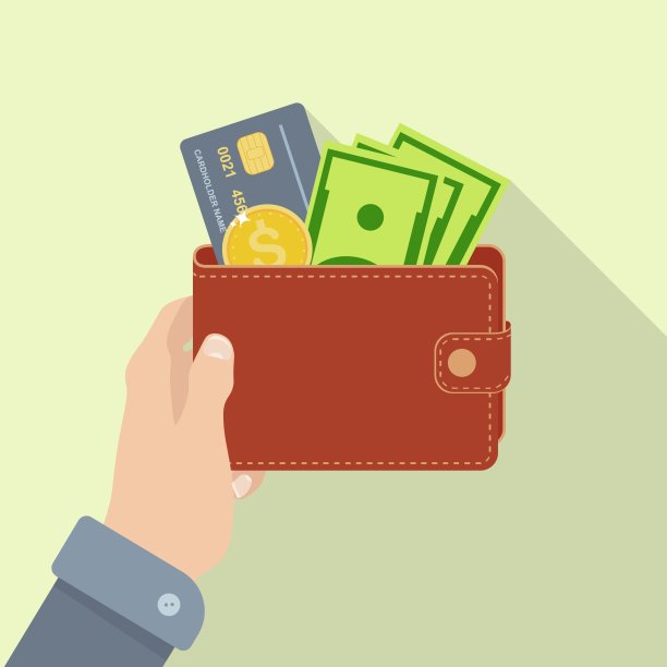 钱包里有零用钱，信用卡。手里拿着现金的钱包。矢量设计图片下载