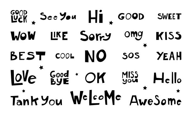 用于卡片、社交媒体帖子和故事的名言和短语。爱，再见，omg。手绘草图涂鸦风格。聊天，邮件和消息元素。矢量插图。图片下载