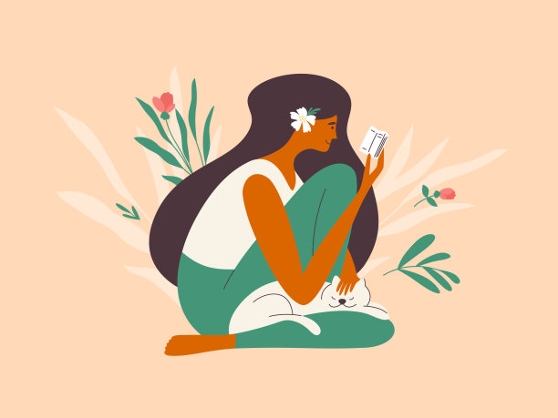 年轻女性人物坐在户外看书抚摸猫的矢量插图图片下载