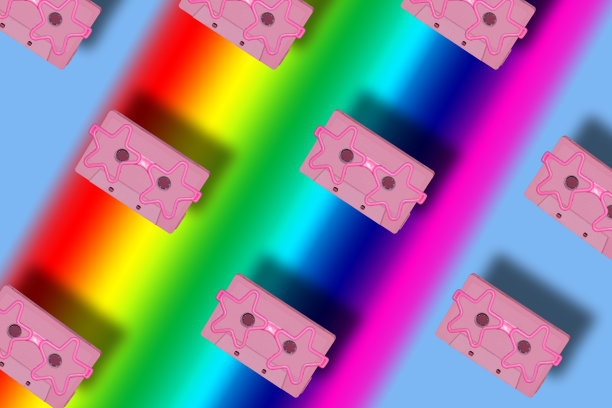 克隆的粉红色复古磁带与星星眼镜彩虹背景，创意嬉皮艺术壁纸图片下载