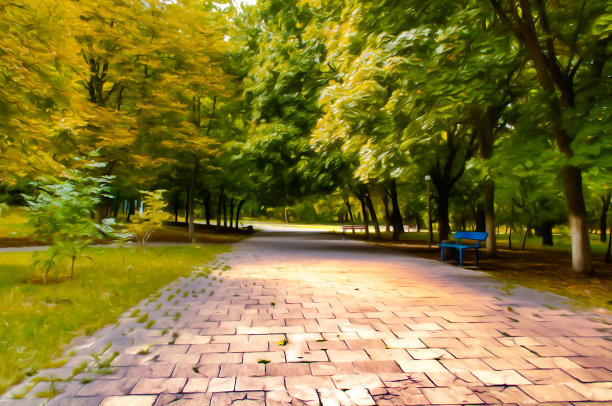 艺术写实插画的夏季公园与大量的绿色植物，树木和草地在一个阳光明媚的晴朗的日子图片下载