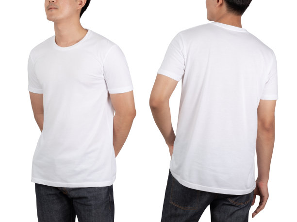 年轻男子在白色T恤模型孤立在白色背景与剪辑路径图片下载