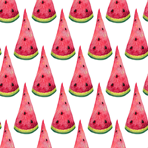 熟透的西瓜片无缝水彩图案。手绘插图在白色背景。多汁的三角形异域水果。背景装饰，包装设计，卡片图片下载