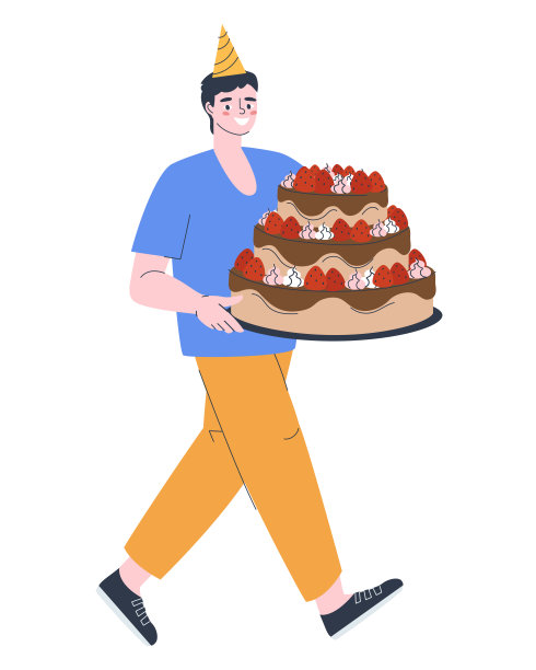 一名戴着节日帽的男子拿着一个带有巧克力糖霜和草莓的大蛋糕。节日蛋糕。平面向量插图。图片下载