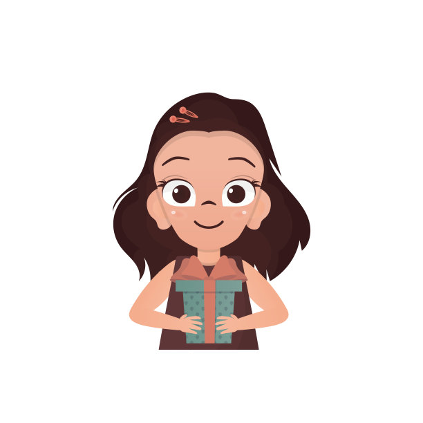 满意的女孩拿着礼物。卡通风格的绘画。矢量插图。图片下载