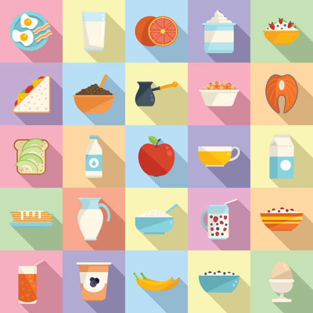 健康早餐图标设置平面向量。蛋白质食物图片下载