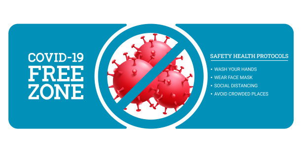 无Covid矢量横幅设计。带有安全说明和病毒防护图标元素的新常态公共场所安全无Covid-19区域文本。图片下载