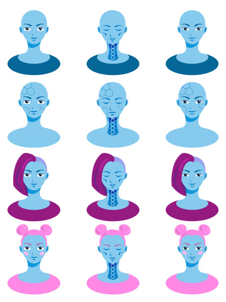 一组赛博朋克风格的女性化身，一个人形机器人，人工智能。矢量插图在卡通平面风格孤立在白色背景上图片下载