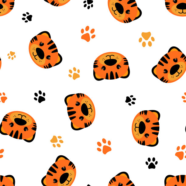 可爱的老虎和动物爪子的无缝图案。图片下载