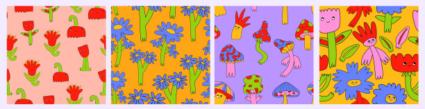 集合向量内部无缝模式嬉皮风格。70年代和60年代时髦的纺织装饰品。带有迷幻图案的花朵，蘑菇。70年代和80年代的褪色方形海报。图片下载