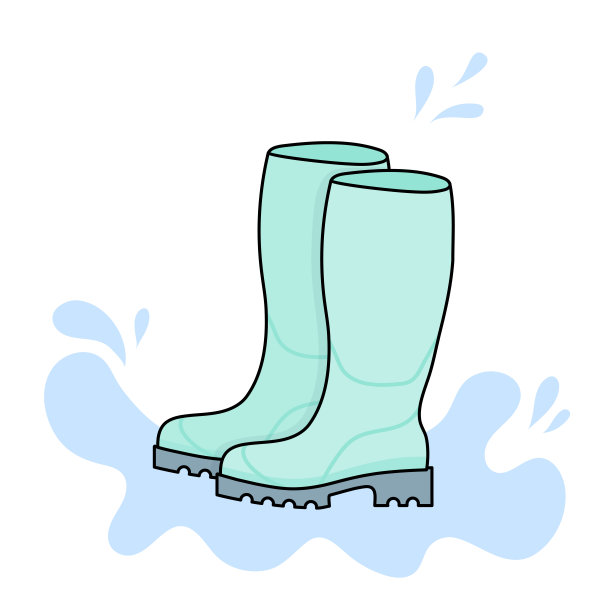 绿松石色的水靴在水坑里跳跃。孤立的背景。矢量插图，平面设计图片下载
