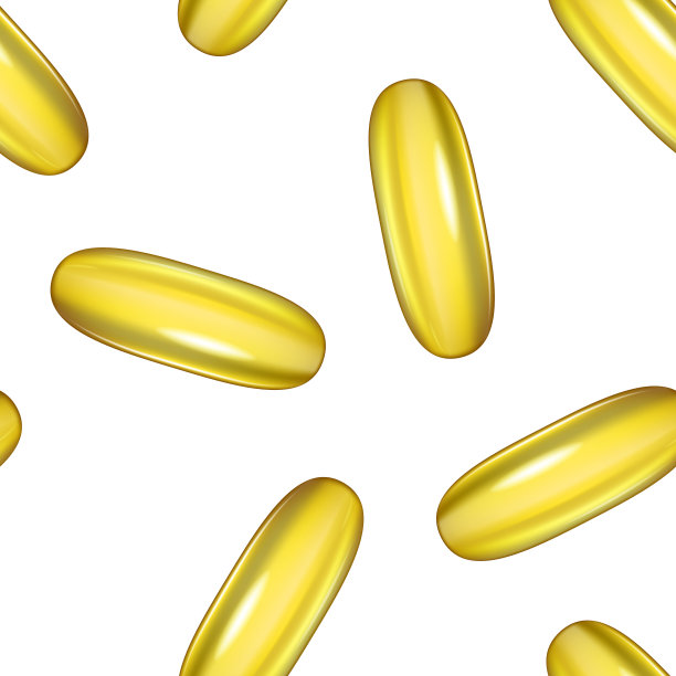 无缝图案的化妆品胶囊omega - 3油或维生素E, A.黄金现实的凝胶丸矢量插图图片下载