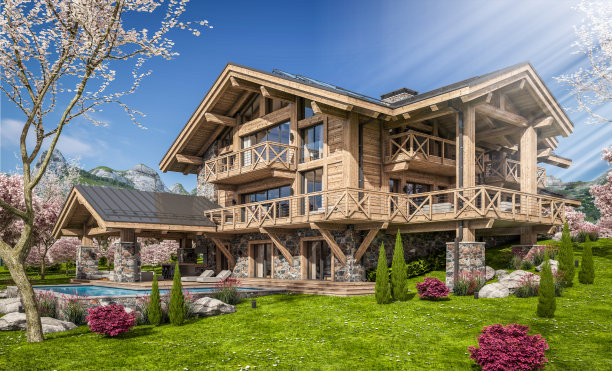 现代舒适小屋在春天的3d渲染图片下载