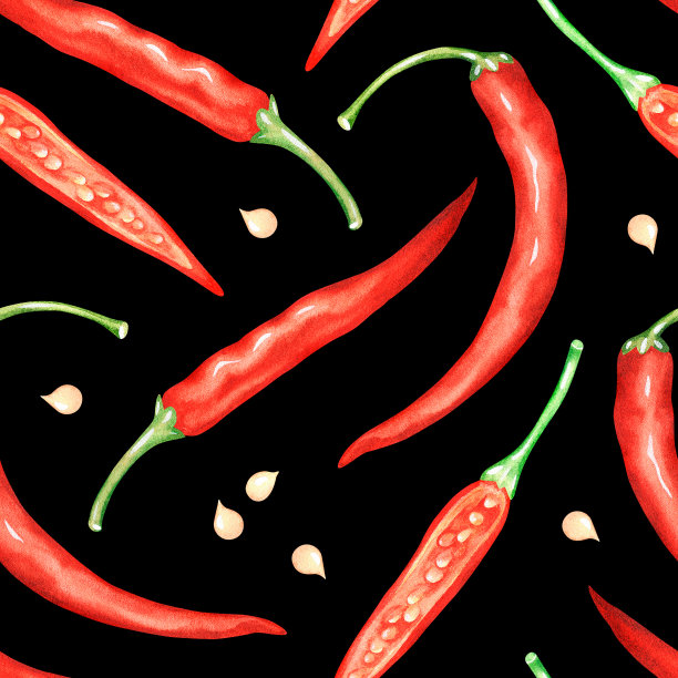 无缝辣椒图案。水彩插图。孤立在黑色背景上。为设计。图片下载