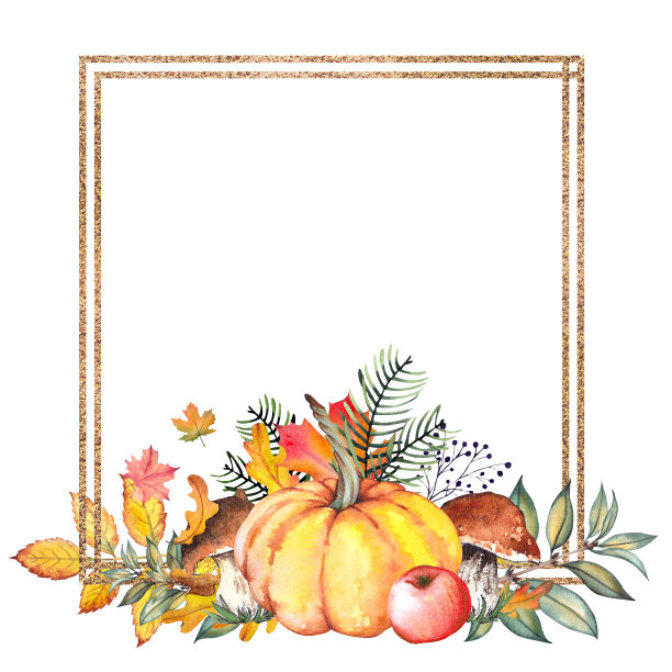 金色的秋季画框，南瓜，五颜六色的树叶和蘑菇。图片下载