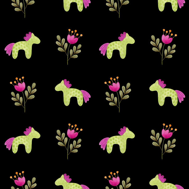 民间艺术风格的可爱手绘卡通马和抽象的粉色花朵图片下载