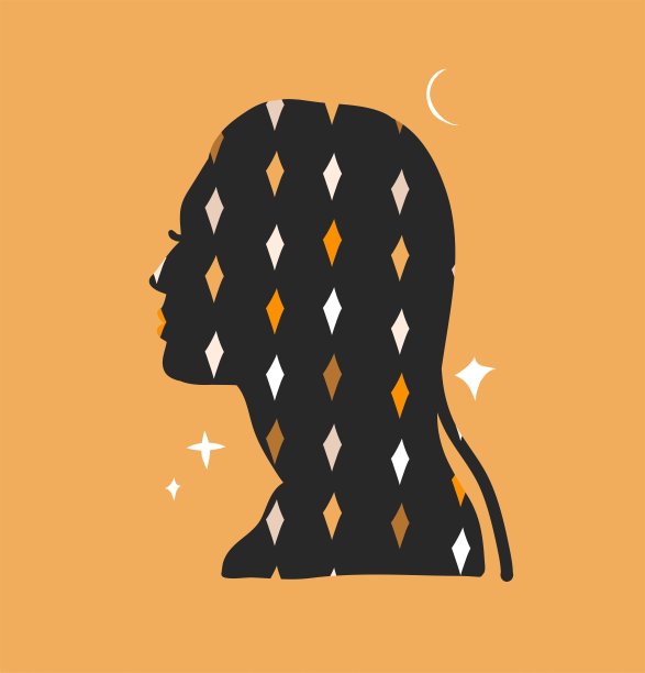 手绘矢量抽象库存平面图形插图与标志元素，波西米亚占星术魔术艺术的女性肖像剪影和心理抽象心理健康，品牌风格简单。图片下载