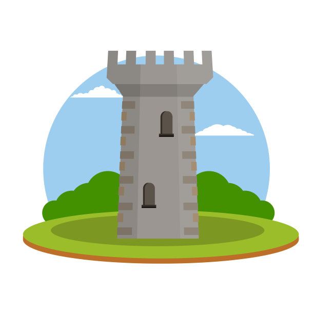 城堡塔楼。国防建设。中世纪的欧洲建筑。骑士和国王的故乡。保护和安全。应用程序和游戏的平面图标图片下载