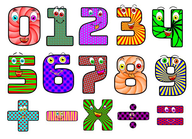 可爱有趣的彩色数字卡通人物集，卡通插图。一，二，三，四，五，六，七，八，九，零。微笑的字符，数学符号。图片下载