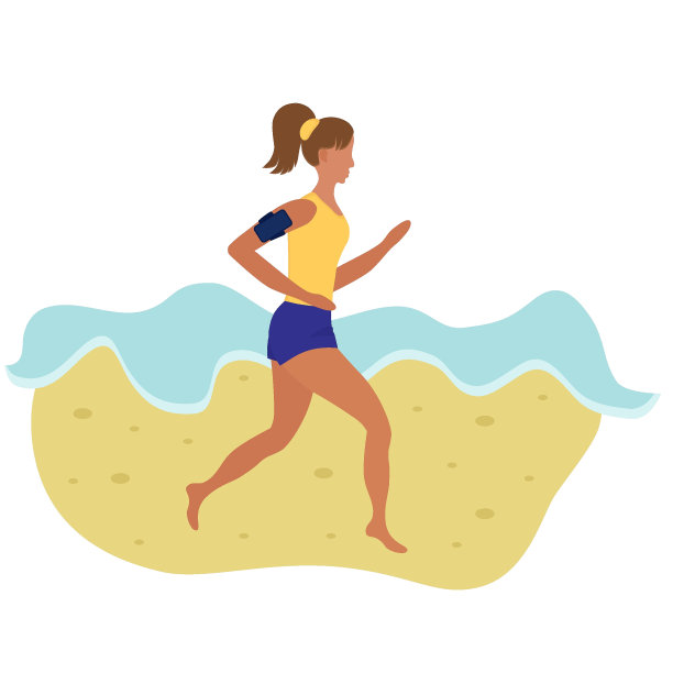 一个年轻的女孩在海滩上沿着海岸线奔跑。图片下载