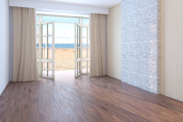 海景酒店。空房间，开着窗户，俯瞰大海图片下载