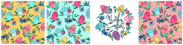 无缝图案设置和卡片在复活节主题与彩色的蛋，花，叶子图片下载